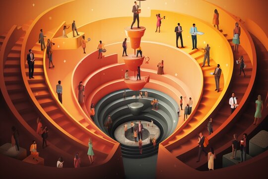 An illustration representing a consumer-targeting marketing funnel. Generative AI