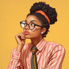 Black young woman in thinking and doubts illustration. Female hipster character with dreamy face on abstract background. Ai generated bright drawn colorful poster.