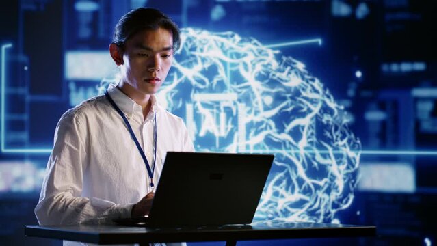 Admin using laptop to visualize artificial intelligence neural networks made up of interconnected nodes using augmented reality technology. Supervisor oversees AI systems processing information