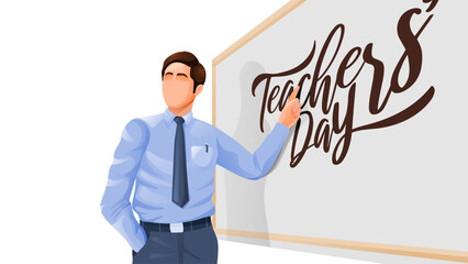 Teachers Day Banner With Teacher Character Pointing Calligraphy on White Board Illustration