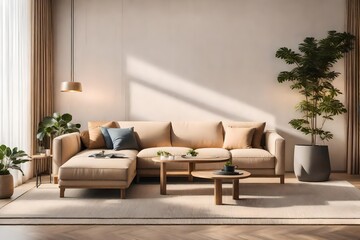Japandi living room interior with cozy beige couch, modern minimalist design of apartment 