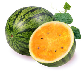 Orange Watermelon with leaves isolated on white background, Watermelon on a white background With work path.