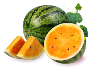Orange Watermelon with leaves isolated on white background, Watermelon on a white background With...
