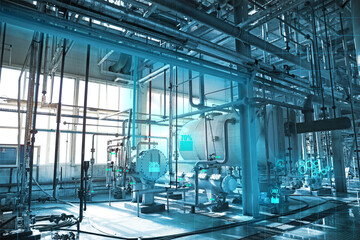 Digitalization, user interface to control processes. Different equipment at production with virtual screen overlay