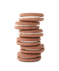 Stack of tasty chocolate sandwich cookies with cream isolated on white