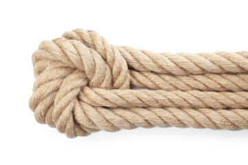 Hemp rope with knot isolated on white, top view