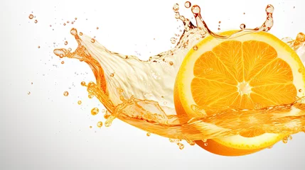 Rolgordijnen Half of a ripe orange fruit with orange juice splash water isolated on white background. © Ziyan Yang