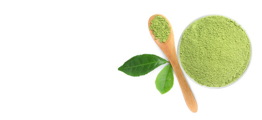 Matcha powder and green leaves isolated on white, top view. Space for text with banner design