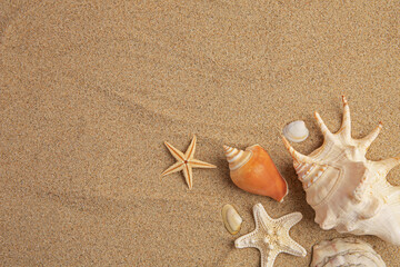 Fototapeta na wymiar Beautiful sea stars and shells on sand, flat lay. Space for text