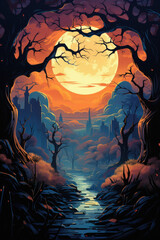 Happy Halloween spooky scary moon night scene horror landscape background. Creepy dark forest woods trees, moon and Happy Haloween ghosts gothic mysterious sky moonlight gloomy scenery backdrop.