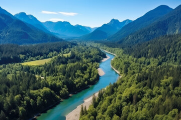 Naklejka na ściany i meble Harmonious Majesty: A Breathtaking Aerial Serenity - Pristine River Meandering Through Lush Green Forest, Majestic Mountains in Tranquil Harmony