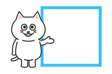 White Cat illustration. Comic. Vector isolated. Information board with cartoon white cat and copy space, transparent PNG.