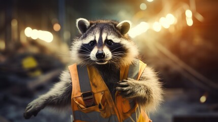 A raccoon in an orange safety vest. Generative AI.