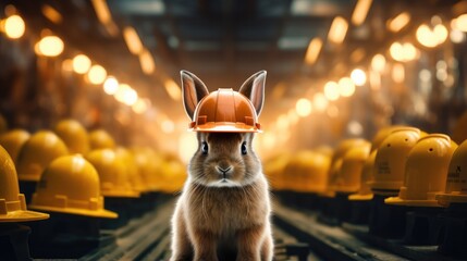 A rabbit wearing a hard hat sitting on a conveyor belt. Generative AI. - obrazy, fototapety, plakaty