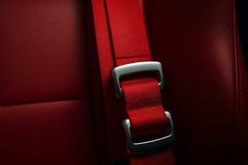 Fastened red seatbelt with empty space, up-close. Generative AI - obrazy, fototapety, plakaty