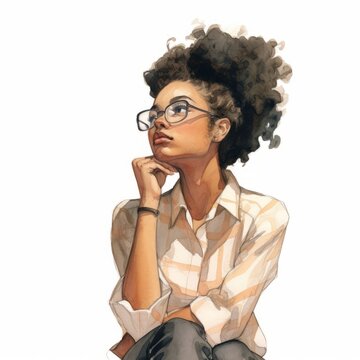 Black young woman in thinking and doubts illustration. Female hipster character with dreamy face on abstract background. Ai generated soft colored drawn poster.