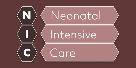 NIC Neonatal Intensive Care. An Acronym Abbreviation of a common Medical term. Illustration isolated on red background