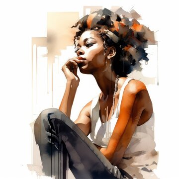 Black young woman in thinking and doubts watercolor illustration. Female hipster character with dreamy face on abstract background. Ai generated bright drawn colorful poster.