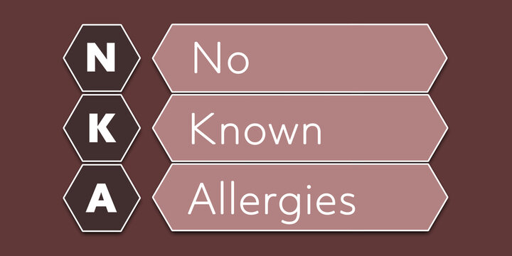 NKA No Known Allergies. An Acronym Abbreviation of a common Medical term. Illustration isolated on red background