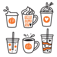 Pumpkin spice latte coffee drawing vector illustration. The set includes iced coffee, hot coffee, and to go coffee.