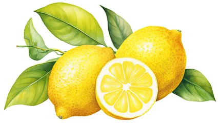 Foto op Plexiglas whole lemon and half a lemon, watercolor hand-drawn drawing of a fruits, isolated illustration on a white background © Ziyan Yang
