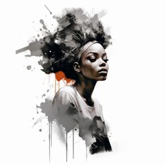 Black young woman in thinking and doubts illustration. Female hipster character with dreamy face on abstract background. Ai generated soft colored drawn poster.
