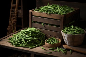 A large number of green peas stacked in a wooden box
