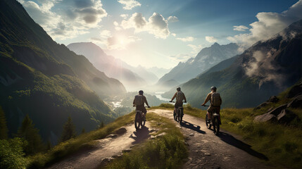 Two friends on electric bicycles enjoying a scenic ride through beautiful mountains