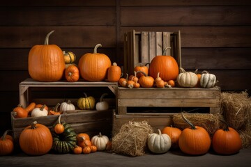 a group of pumpkins artistically stacked in a box and laid out according to the composition for the photo