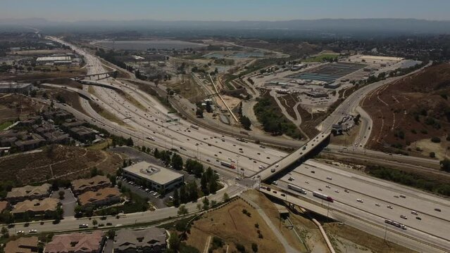 Aerial View of Traffic on Interstate 5 Freeway, Sylmar, Los Angeles County