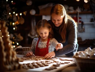 A woman and a little girl making cookies together. Generative AI.