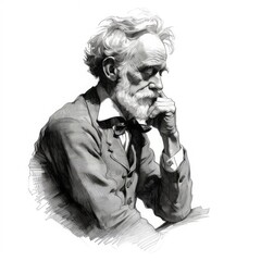 White old man in thinking and doubts monochrome illustration. Male character with dreamy face on abstract background. Ai generated black and white sketch poster.