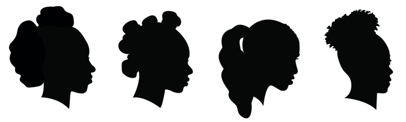 Silhouettes of African American women part 6, profile with hair style contour on white background. Vector illustration.	
