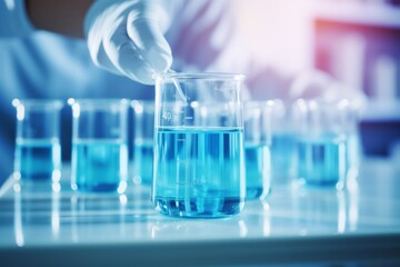 Photo of a person holding a beaker filled with blue liquid created with Generative AI technology
