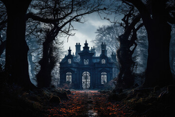 Halloween spooky background, scary pumpkins with smoke in old big creepy Happy Haloween ghosts horror house inside big empty foggy room. Creepy october dark smoky mysterious night backdrop concept.