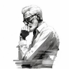 White old man in thinking and doubts monochrome illustration. Male character with dreamy face on abstract background. Ai generated black and white sketch poster.