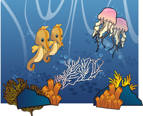Cartoonish Sea animals under the deep ocean in vector format