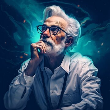 White old man in thinking and doubts photorealistic illustration. Male character with dreamy face on abstract background. Ai generated realistic bright poster.