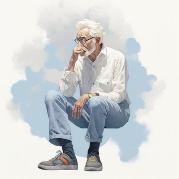 White old man in thinking and doubts photorealistic illustration. Male character with dreamy face on abstract background. Ai generated realistic soft colored poster.