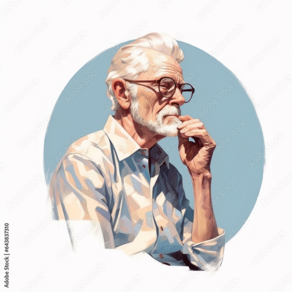 Wall mural White old man in thinking and doubts oil painted illustration. Male character with dreamy face on abstract background. Ai generated acrylic canvas bright poster.