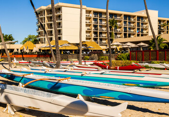 Hawaiian Racing Outrigger Canoes At Kai 'Opua Canoe Club On Kailua Bay, Kailua-Kona, Hawaii Island, Hawaii, USA