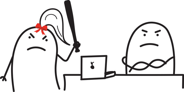 Thumb man. Nervous woman with her husband using computer. Charcter emotional. New set of characters in the style of meme flork.