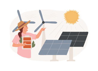 Renewable energy isolated concept vector illustration. Renewable energy sources, power resources, rural clean energy services, wind turbine, solar panels, eco green house vector concept.
