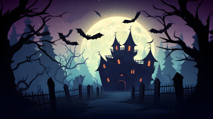 halloween scenery with bats, castle and moon in the background (ai generated)	