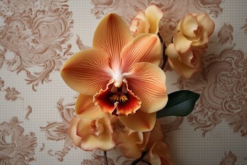 A captivating orange orchid in close-up against a wallpaper backdrop. Generative AI