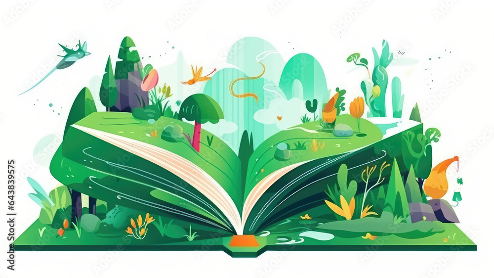 Wall mural open book on 2 pages of children and kids magical fantasy story book about nature. magical story boo