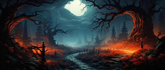 Fototapeta premium Halloween spooky background, scary jack o lantern pumpkins in creepy dark forest with bats, spooky trees and moon, Happy Haloween ghosts horror gothic mysterious night moonlight backdrop.