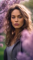 Naklejka premium Generative AI : Beauty face of the young beautiful healthy girl with purple and lilac flowers on green background