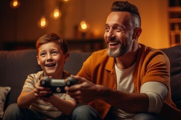 Generative AI : Happy family bearded man and delighted boy using gamepads to play videogame together while chilling on settee in weekend at home - obrazy, fototapety, plakaty