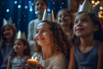 Generative AI : Happy big beautiful family in party hats clapping hands and smiling while celebrating little girls birthday at home cute child feeling excited after blown out candles on cake and recei